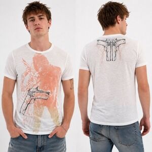 Division 1 Graphic T Shirt Mens Medium White Distressed Gun Angel Y2K Grunge